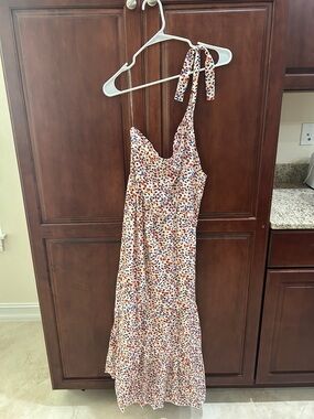 Floral Tie-Shoulder Summer Dress - White with Orange & Blue Print